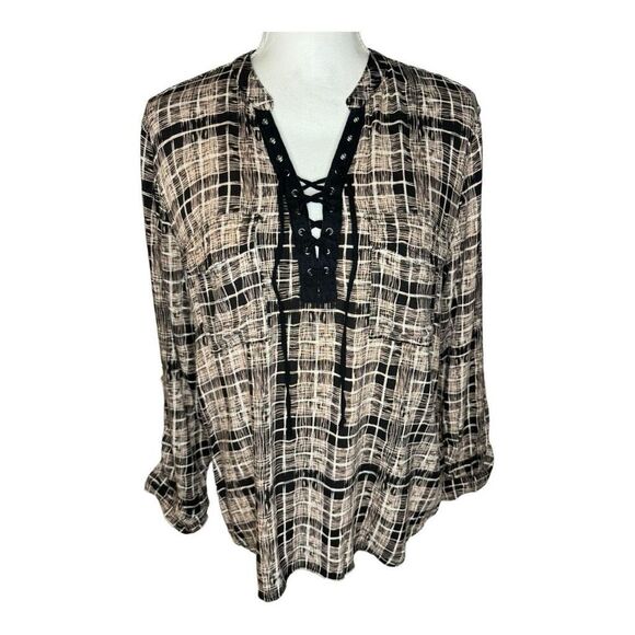 ROCK & REPUBLIC‎ Women’s Large Tan & Black Roll Tab Long Sleeve Flowy Top - Picture 1 of 7